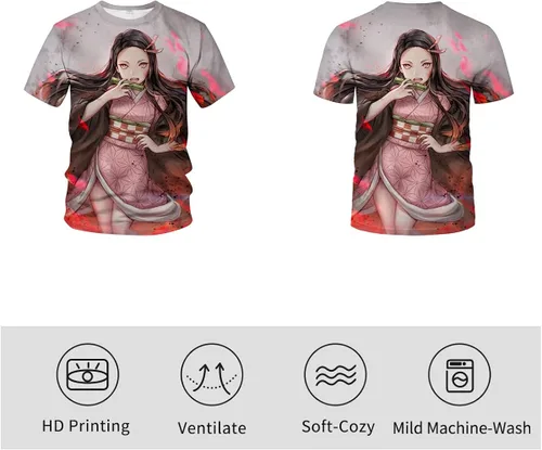 Vista 3 de Girren Fashion 3D Anime Demon Slayer Kamado Nezuko Tee Shirt Casual Round Neck Short Sleeve T-Shirt