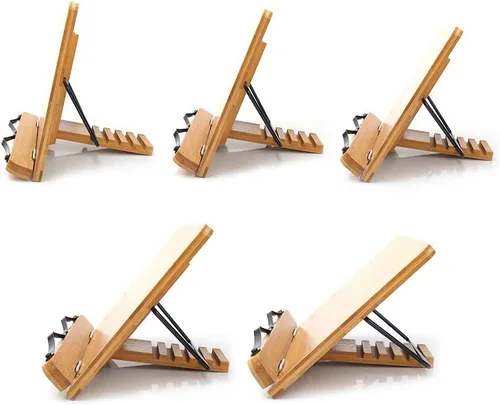 Vista 3 de wishacc Soporte de libros de bambú, bandeja ajustable para libros y clips de papel para páginas - Escritorio de lectura para libros de cocina