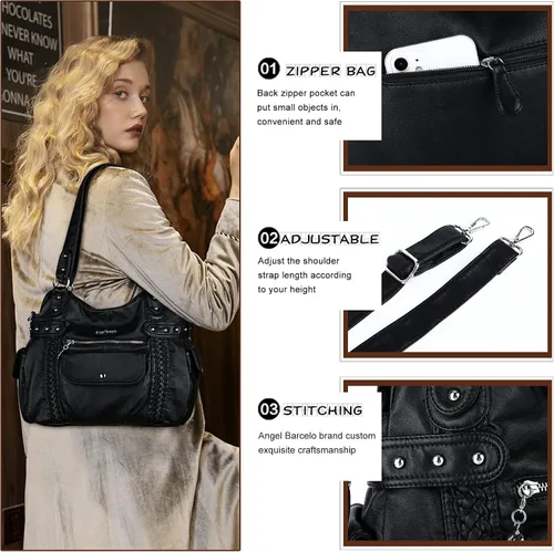 Vista 4 de Angel Barcelo - Bolsa de hombro amplia para mujer, diseño Hobo, cuero lavado