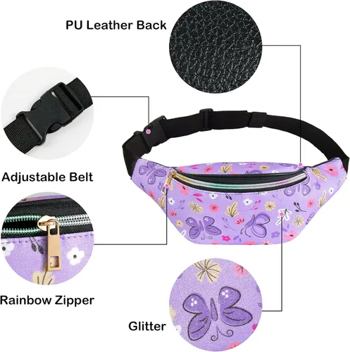 Vista 4 de QtGirl Riñonera para niños, bolsa de cintura con purpurina brillante con cinturón ajustable para niños, correr, acampar, viajes