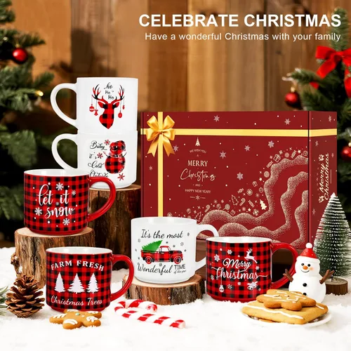Vista 7 de QIKSION Juego de 6 Tazas de Café Navideñas de 16 oz, Grandes Tazas de Chocolate Caliente, Juego de Tazas de Cerámica de Cocoa para Vacaciones Regalo