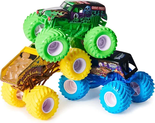 Vista 2 de Monster Jam, Ground Shaker - Paquete de 3 unidades (Grave Digger, El Toro Loco y Blue Thunder), vehículos fundidos a escala 1:64 Trituradoras