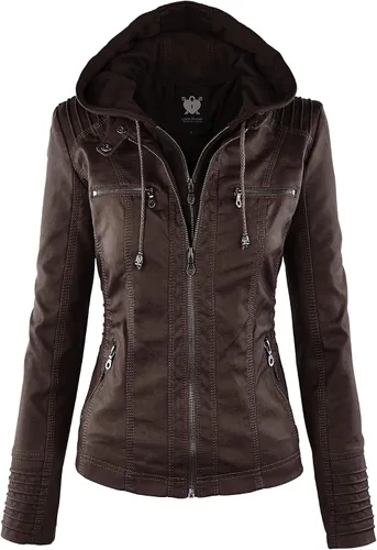 Vista 45 de Lock and Love Chaqueta Abrigo de Moto Motociclista de Piel Sintética para Mujer con Capucha Extraíble o No Extraíble Wjc1044_negro