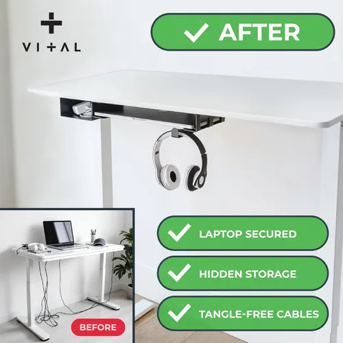 Vista 2 de VI+AL Soporte para laptop debajo del escritorio - Estante oculto de metal con almacenamiento lateral, gancho y organizador de cables - Se instala