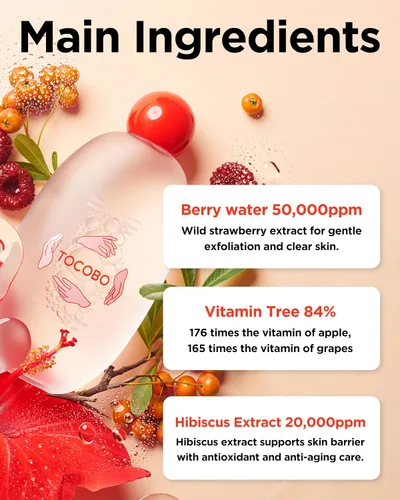 Vista 5 de TOCOBO Vita Berry Pore Toner – Tónico facial vegano coreano sin alcohol con agua de hibisco, niacinamida y bayas Vita para apretar los poros