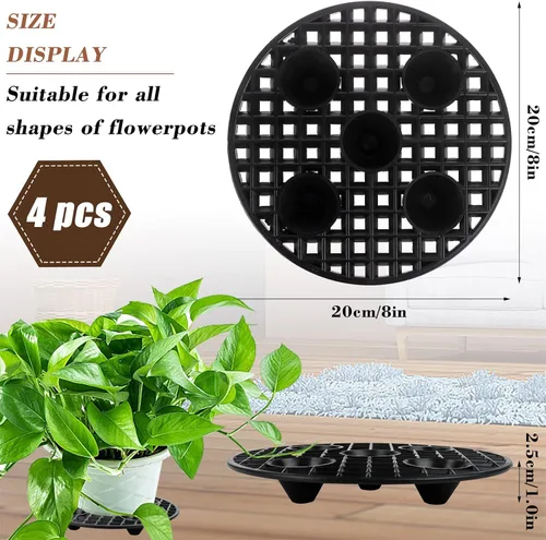 Vista 2 de 4 elevadores de macetas, soporte resistente, soporte redondo negro para plantas, elevadores de plástico de 8 pulgadas para interiores y exteriores