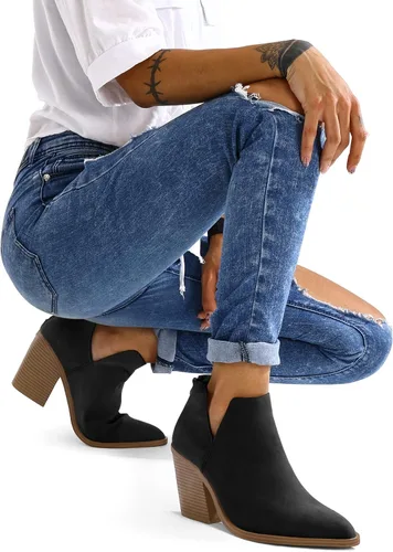 Vista 2 de mysoft Botines de tobillo para mujer sin cordones con recortes, puntera puntiaguda, tacón grueso apilado medio Negro (black Nubuck)