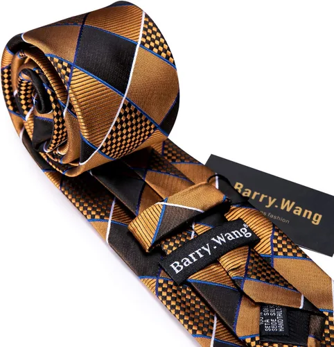 Vista 34 de Barry.Wang Juego de corbatas a cuadros para hombre con pañuelo gemelos de rayas clásicas