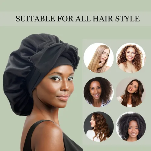 Vista 4 de Gorro de satén de seda para dormir con banda de amarre y tiras ajustables, para mujeres con cabello rizado y trenzado, color negro, tamaño grande