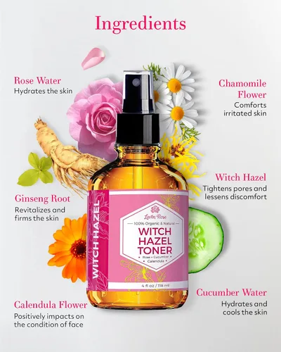 Vista 3 de Leven Rose - Tónico sin alcohol de hamamelis, 100% agua de rosas facial orgánica pura con pétalos de rosa, caléndula, pepino y flor de manzanilla, 4
