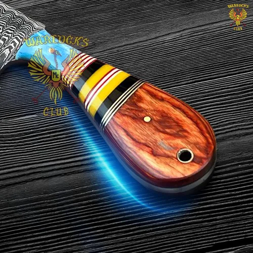 Vista 6 de Cuchillo de caza de Damasco hecho a mano, cuchillo de hoja fija de 8 pulgadas con funda, cuchillo de vaquero de espiga completa, cuchillo de Multi