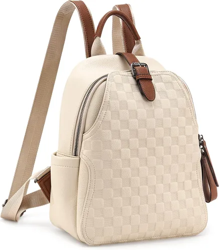 Vista 7 de Mochila pequeña para mujer, bonita mochila a cuadros de piel sintética para mujer, mochila ligera para el hombro, escuela y viajes, Negro