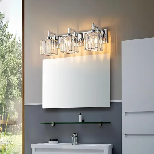 Vista 2 de Moderna lámpara de cristal para pared/tocador de baño, de 3 luces, color cromo Cromo torcido
