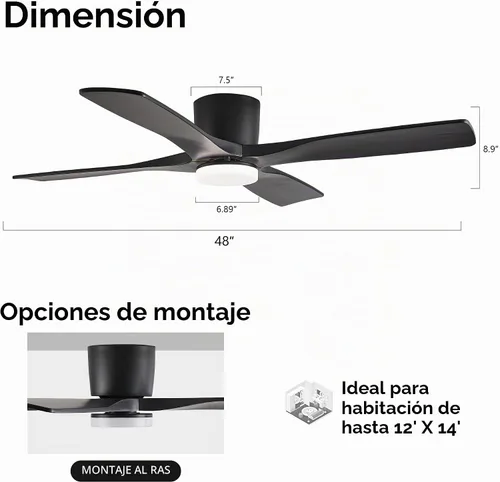 Vista 4 de WINGBO - Ventilador de techo de montaje empotrado de 48 pulgadas con DC, luces y control remoto, 4 aspas talladas reversibles de madera, motor DC