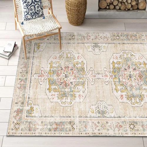 Vista 6 de wxnzsl Alfombra bohemia vintage lavable a máquina con respaldo antideslizante, alfombra persa envejecida de pelo bajo para dormitorio, cocina y baño
