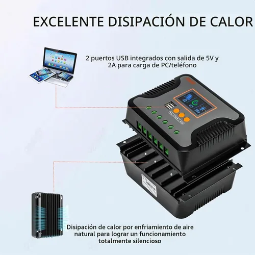 Vista 5 de PowMr Controlador de carga solar PWM de 30 A, 12 V/24 V/36 V/48 V, con pantalla LCD, puerto USB para AGM, gel, inundada y batería de litio