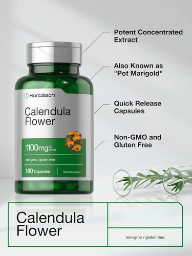 Vista 3 de Horbäach Cápsulas de flores de caléndula 180 unidades Extracto de caléndula Suplemento herbario sin OMG, sin gluten