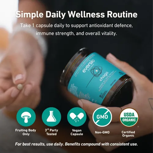 Vista 6 de PROTECT NOW Suplemento orgánico de hongos Chaga – Extracto DUAL 8:1 en 60 cápsulas veganas (450 mg) 60 porciones – Chaga orgánica cosechada