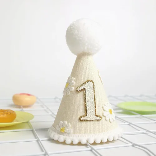 Vista 6 de Sombrero de cono de margarita hecho a mano, diadema floral única para fiestas de cumpleaños