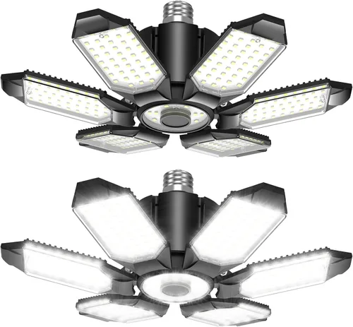 Vista 10 de BRAINIAC Bombillas LED de garaje de 100 W con 6 paneles ajustables, E26/E27 tornillo de enchufe, luz LED de techo de garaje deformable para almacén