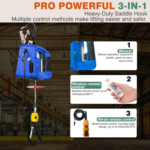 Vista 3 de Cabrestante eléctrico 3 en 1, cabrestante eléctrico portátil de potencia 1100LB1500W, cabrestante eléctrico de 110 V con control remoto inalámbrico