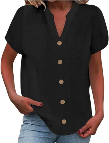 Vista 11 de Camisetas de verano para mujer, de manga corta, pétalos, de lino, con bolsillo, casual, con botones, blusas básicas