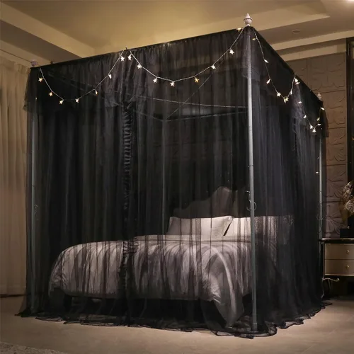 Vista 4 de VETHIN Cortina de Dosel de Cama de Princesa con Volantes de 4 Postes de Esquina - Red de Tul de Doble Capa Acogedora con 4 Aberturas, Mosquitera