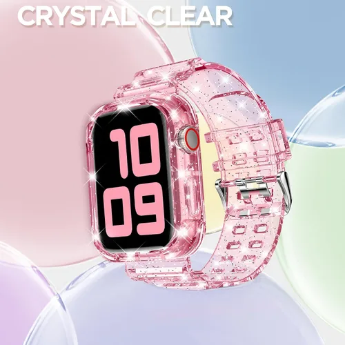 Vista 123 de DABAOZA - Correa transparente compatible con Apple Watch con estuche protector, correa deportiva de TPU con brillo para mujeres y hombres
