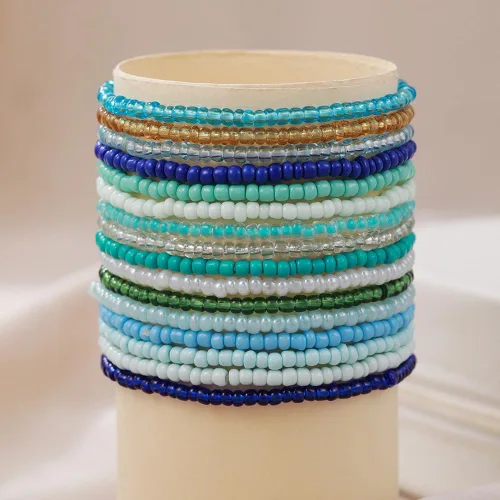 Vista 3 de Caiyao Juego de 36 pulseras elásticas coloridas con cuentas de semillas bohemias, multicapa, de arcoíris, pulsera elástica con cuentas de cristal