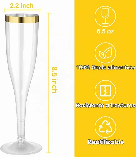 Vista 3 de Goodluck Paquete de 36 copas de champán transparentes de plástico de 6.5 onzas con borde dorado, vasos desechables de champán para brindis de boda