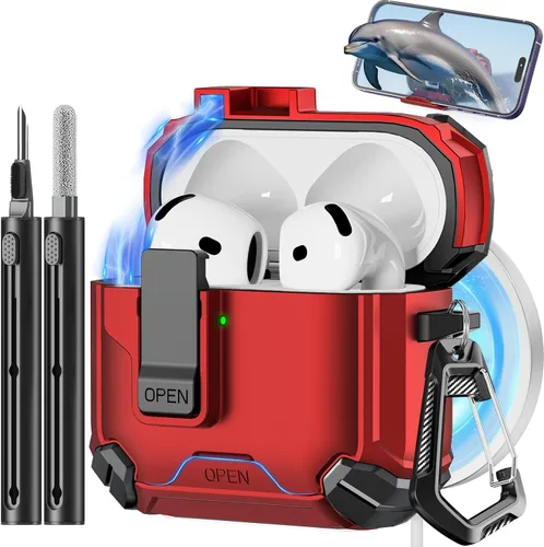 Vista 19 de Pohgelan - Funda compatible con AirPods Pro 2ª/1ª (verde) Cerradura magnética automática con kit de limpieza, compatible con Magsafe