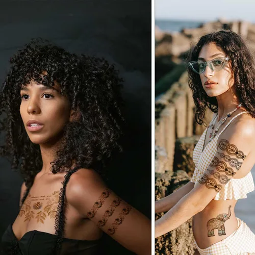 Vista 7 de 12 hojas de tatuajes temporales metálicos dorados destellantes para mujeres y niñas, impermeables, dorados y plateados, calcomanías de tatuaje