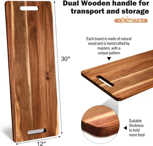 Vista 2 de Bokon 2 tablas de madera de acacia para charcutería con asa, bandeja de madera rectangular con mango hueco, bandeja de madera para servir queso