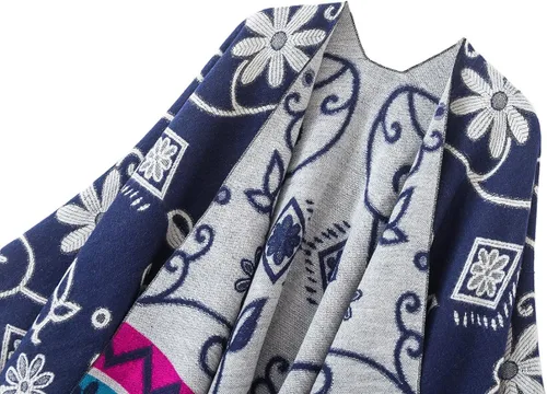 Vista 2 de Poncho con flecos, con estampado vintage, estilo retro, a la moda, para mujer. Capa, chal.