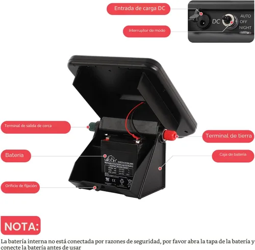 Vista 9 de Cargador de valla eléctrica solar de 10 millas con modo día/noche, cargador solar portátil de 0.11J con panel solar recargable para protección