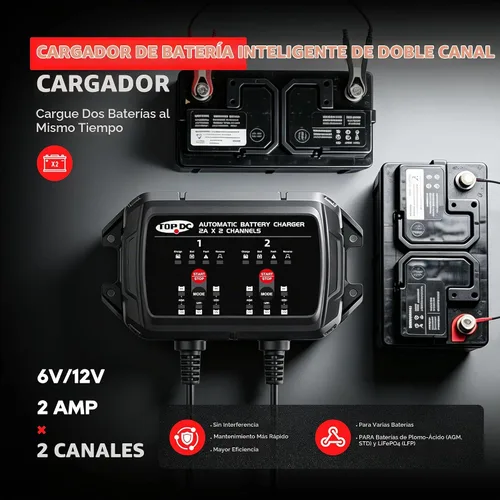 Vista 3 de TOPDC Cargador de batería automático de 2 bancos 4A, 6V/12V, 2A por canal