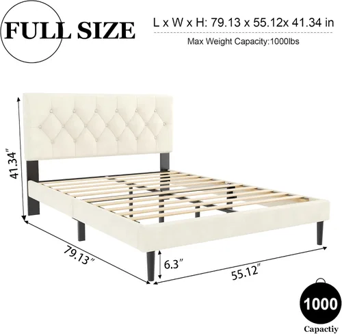 Vista 2 de HAOARA Armazón de Cama de Plataforma Tamaño Completo con Cabecera Tapizada con Botones Capitoné, Base de Colchón con Soporte de Listones de Madera