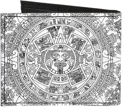 Vista 2 de Cartera plegable de lona con calendario azteca, color blanco y negro