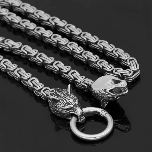 Vista 2 de GuoShuang Wolf Head with Thor Mjolnir Pendant Necklace Stainless Steel - King Chain