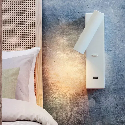 Vista 4 de Lámpara de pared para dormitorio, lámpara de lectura moderna para escritorio, foco LED con interruptor de botón y puerto de carga USB, luz giratoria