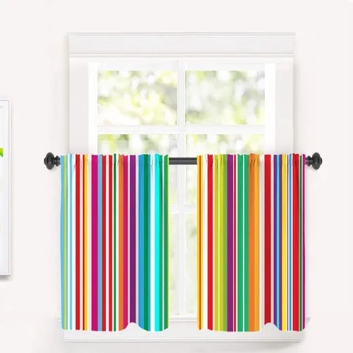Vista 69 de Cortinas de cocina de hojas de arce otoñales para ventanas, hojas verdes y rojas sobre cenefas opacas negras, tratamientos de ventana de poliéster