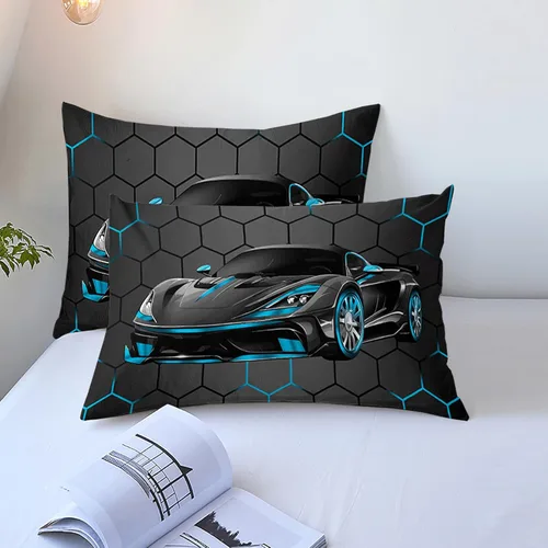 Vista 6 de Juego de Ropa de Cama Individual para Niños con Coches de Carrera, Juego de Edredón de Tamaño Individual con Coche Deportivo Azul para Niños, Juego