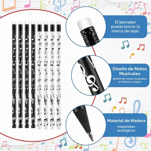 Vista 4 de 24 lápices de notas musicales a granel para estudiantes, lápices blancos