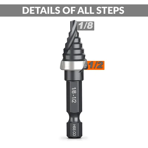 Vista 2 de THINKWORK Broca de paso de cobalto M35 con flauta en espiral, broca de paso HSS de tamaño único de 1/2", brocas de paso de tamaño pequeño EDC