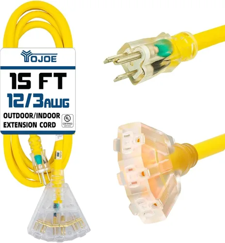 Vista 21 de YOJOE Cable de extensión de 3 salidas para interiores y exteriores con extremo iluminado, cable de alimentación de 3 clavijas 15A resistente a