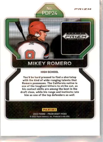 Vista 2 de 2022 Panini Prizm Draft Picks Prizms Black #24 Mikey Romero High School Official Draft/Prospect Baseball Card in Raw (NM or Better) Condition