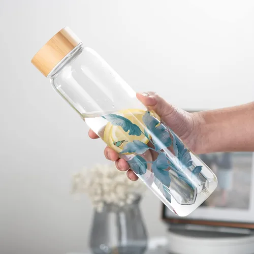 Vista 7 de Botella de agua de vidrio de 32 onzas con popote, botella de vidrio de borosilicato de boca ancha con tapa de bambú y funda de neopreno