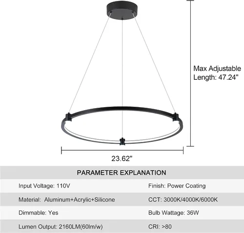 Vista 5 de Lámpara colgante LED moderna regulable de 23.6 pulgadas, color negro, 1 anillo circular, para sala de estar, comedor, cocina, oficina, vestíbulo
