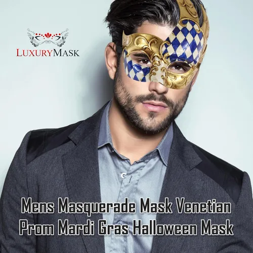 Vista 6 de Luxury Mask Máscara de mascarada para hombre, diseño vintage a cuadros musicales para Mardi Gras, baile de graduación y fiesta de máscaras