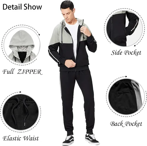 Vista 3 de Chándal deportivo con capucha para hombre, manga larga, con cremallera completa, 2 piezas, de retazos